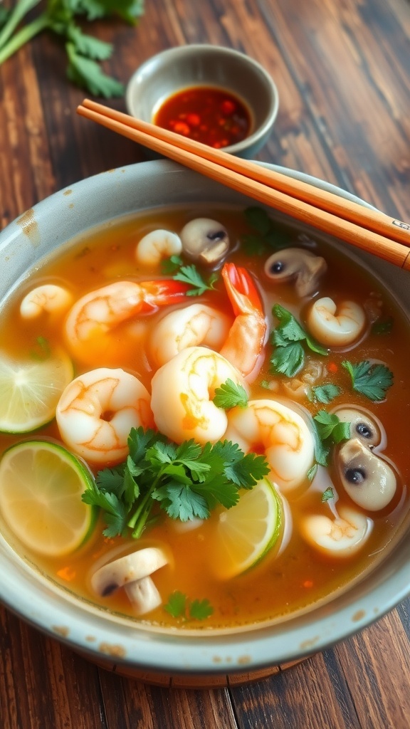 A bowl of Thai lemongrass soup with shrimp, mushrooms, and cilantro on a wooden table.
